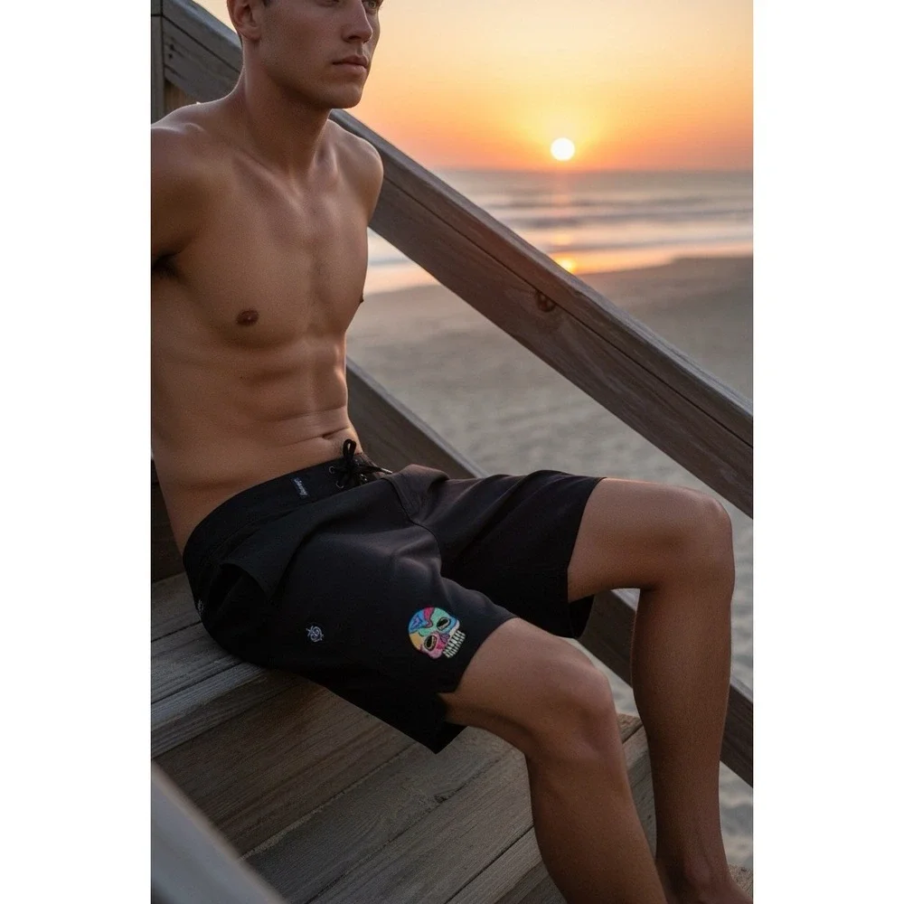 Jamey Crack Skull Men's Swim  Shorts Unisex Size 29 Black‎ Missing Drawstring
